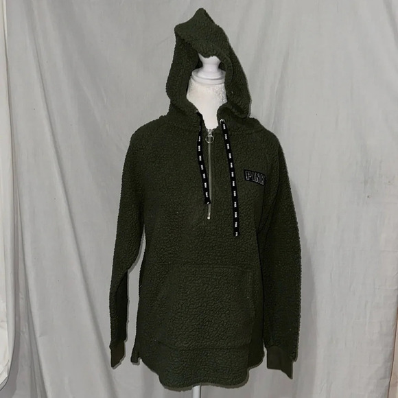oversized Victoria's Secret PINK hunter green half zip sherpa hoodie size xs - Picture 1 of 4